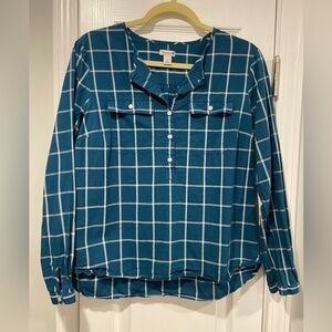 L.L. Bean Size S Cotton Collarless Teal Ivory Plaid Long Sleeve Popover Shirt